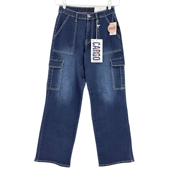 YMI Women's High-Rise Wide Leg Mid Rise Stretch Blue Cargo Jeans Size Small NWT - Picture 1 of 11